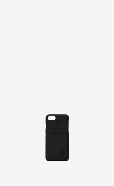 Monogramme Etui für iPhone 8 aus schwarzem Leder mit Krokodillederprägung